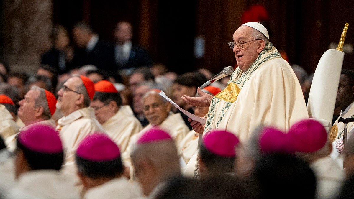 Pope Francis delivers his speech during the Holy Liturgy with