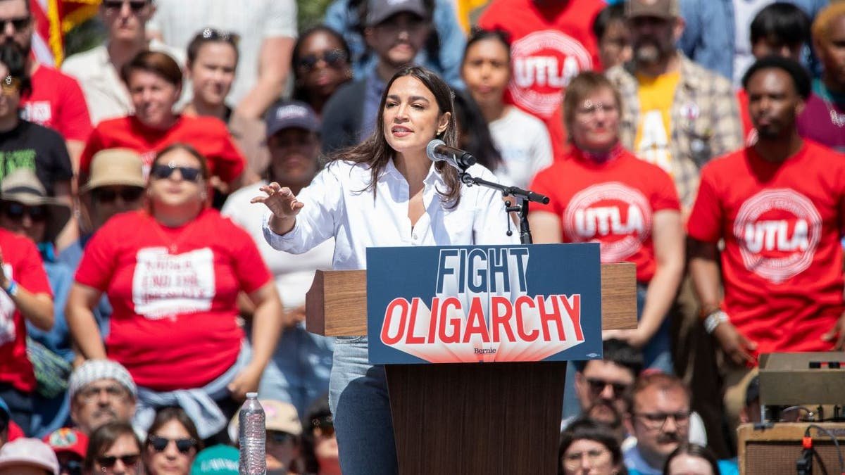 .S. Representative Alexandria Okasio-Customs addresses a crowd in a "Fight the few" pool