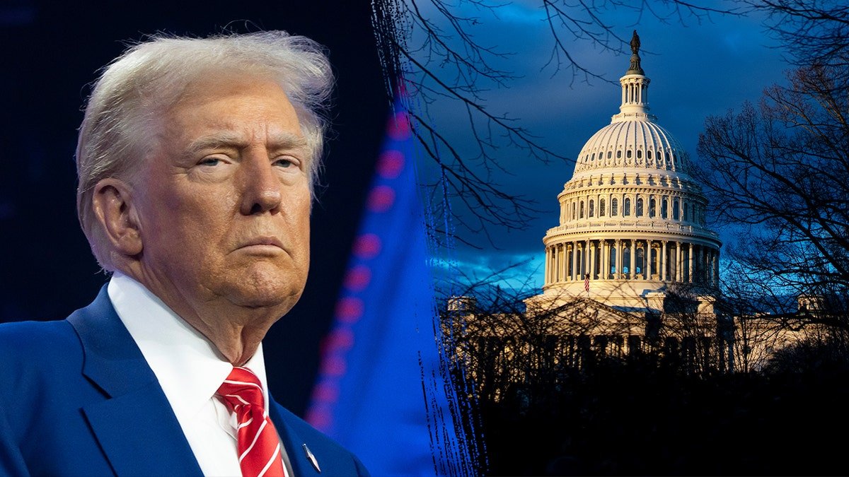 Trump's close -up shot, left; The United States Capitol, right