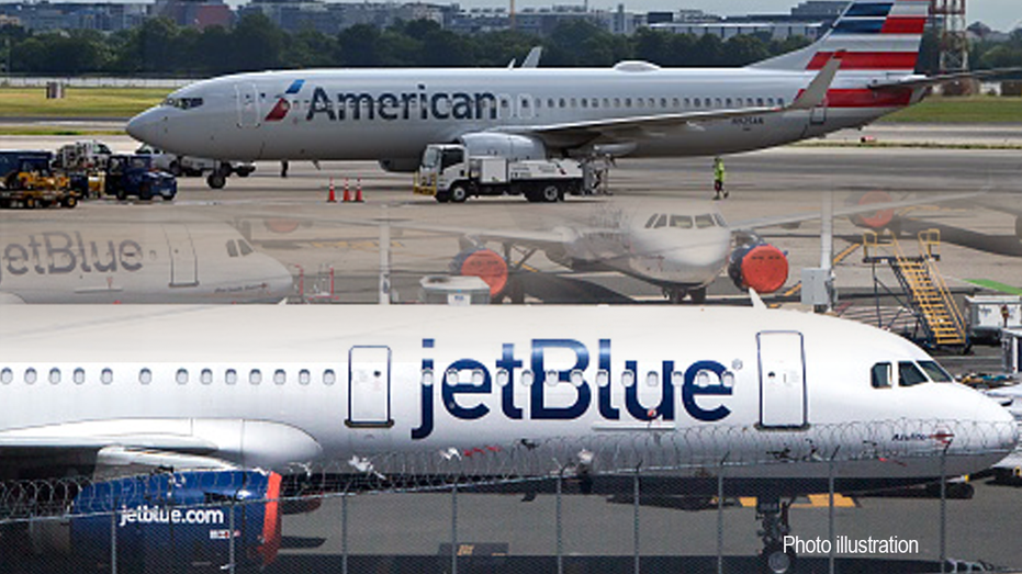 Jetblue aircraft near the American plane
