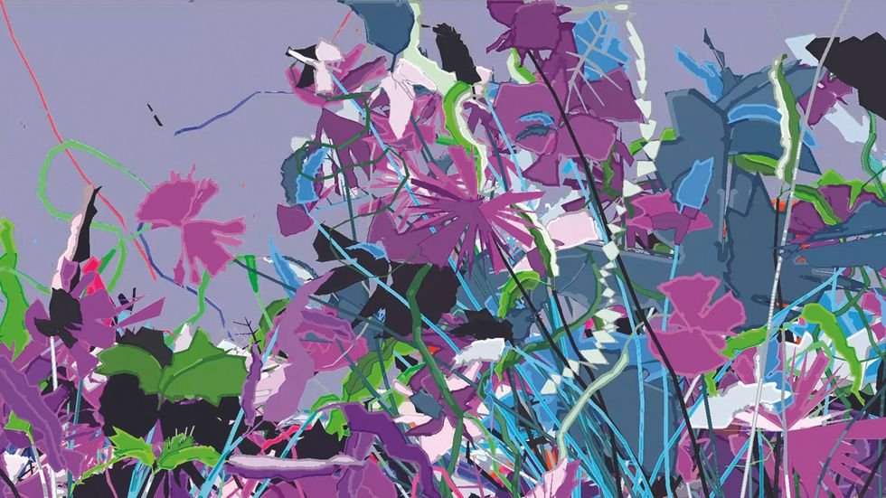The abstract paint of colored flowers, with prevailing colors of purple, green, blue and pink.