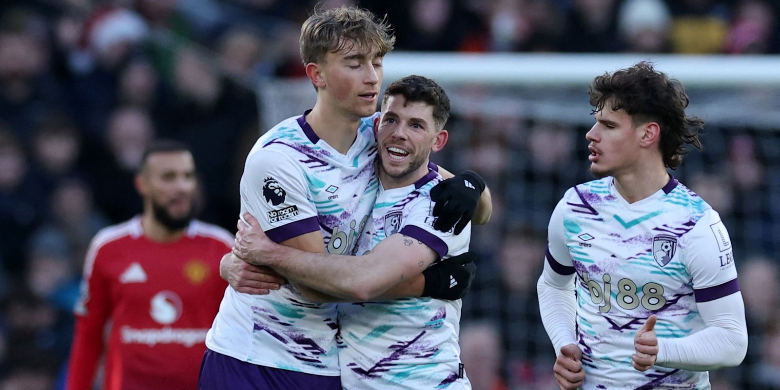 Dean of Bournemouth Haygson celebrates his first goal with Ryan Christie from Bournemouth and AFC Bournemouth Milos Kirkher