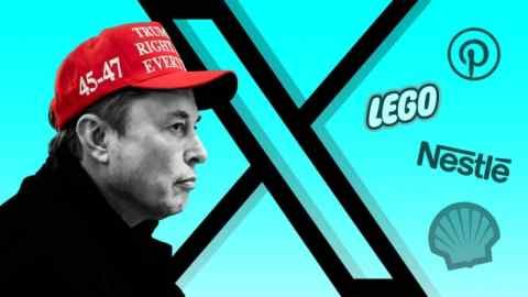 Vehicle image for Elon Musk and X logo along with smaller slogans from Pinterest, Lego, Nestlé and Shell