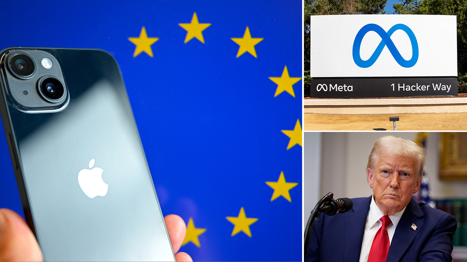 iPhone with the European Union brand in the background, the Meta and Donald Trump headquarters brand in a divided microphone image