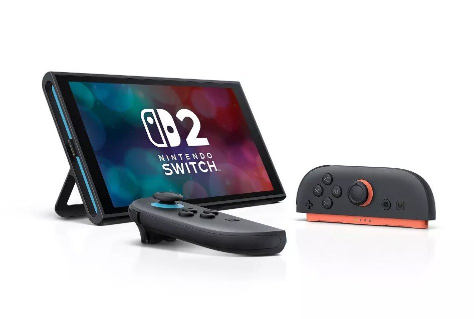 An isolated photo of the 2-in-making switch with the Joy-Con 2 consoles beside it at an angle.