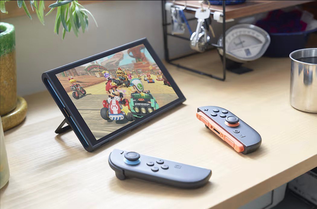 Nintendo Switch 2 with MARIO game play and viewed on Joy-Cons close to the office.