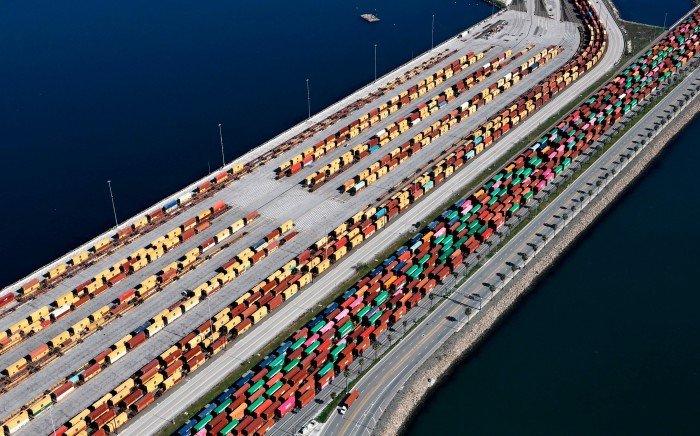 Containers loaded on rail cars in the vehicle storage facility in the port of Los Angeles