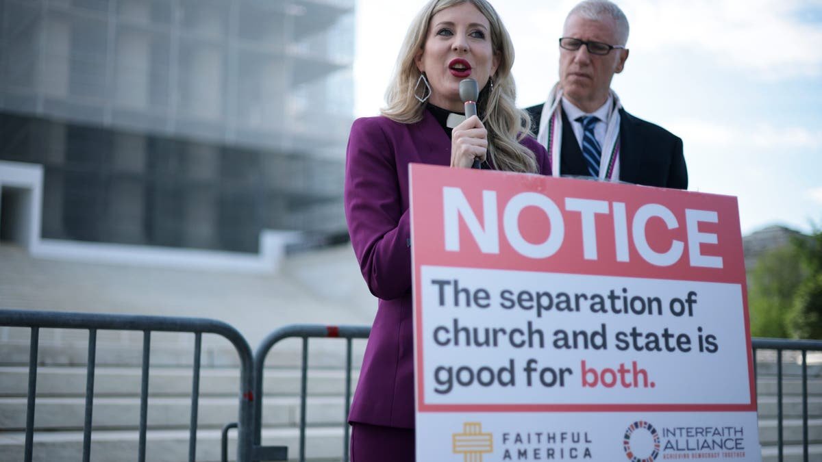 Reverend Shannon Felk, American believers, talks about Reverend Paul Brandis Rochenbush from the Endowment of Religions listening to a press conference outside the Supreme Court on April 30, 2025.