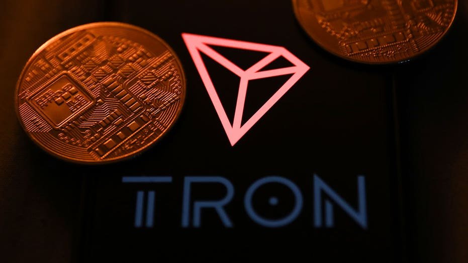 The representation of the encrypted currency and the TRON logo shown on the phone screen appears in this illustration image taken in Krakow, Poland on June 26, 2023. (Photography Jakub Porzycki/Nurphoto via Getty Images)