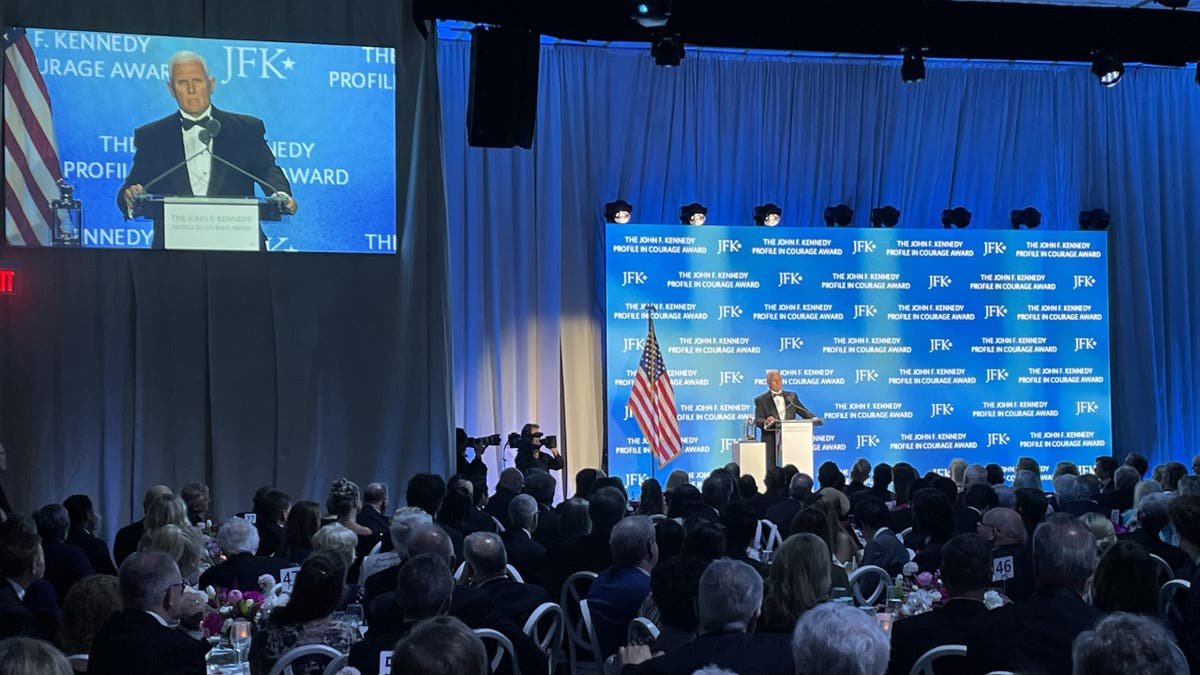 Former Vice President Mike Pines speaks after receiving the John F. Kenny in the courage, at the JFK Library in Boston, Massachusetts, on May 4, 2025.