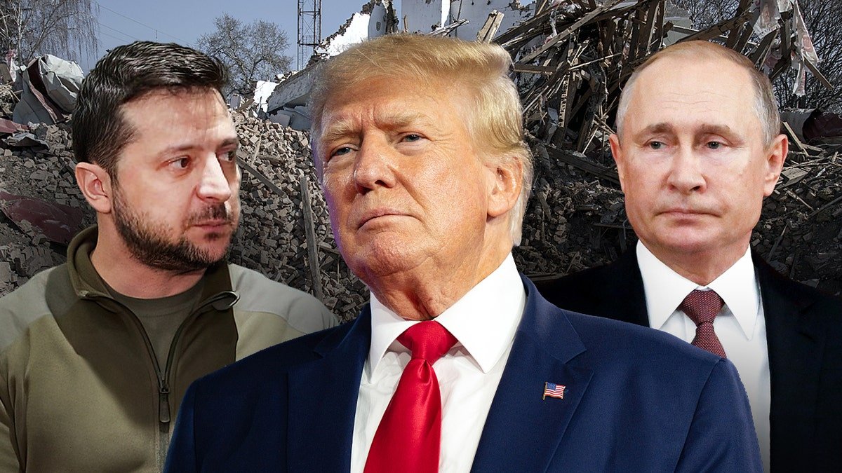 The photo depicts Trump, Zelinski and Putin