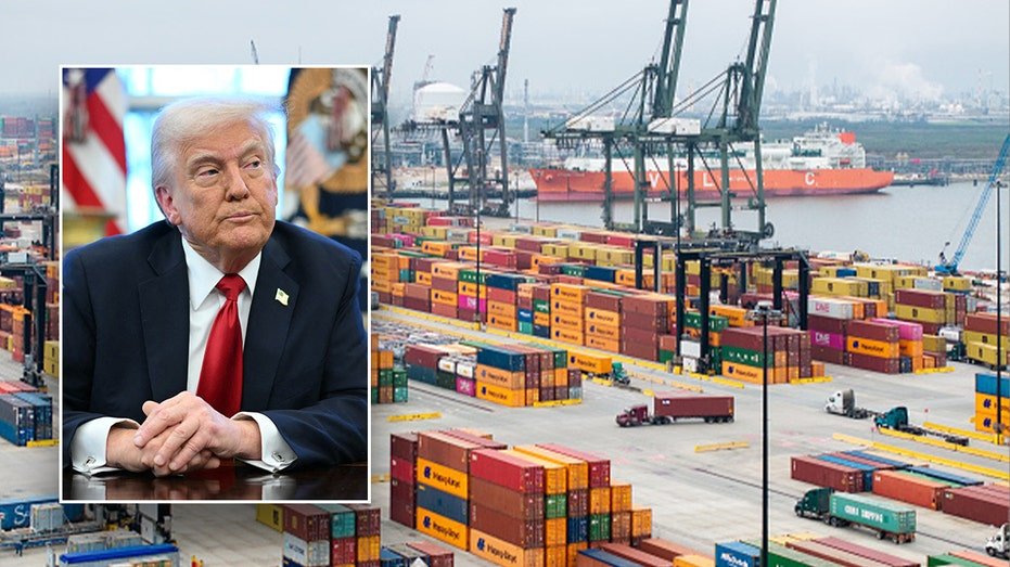 Trump has folded hands on the office image in front of an outlet in the background