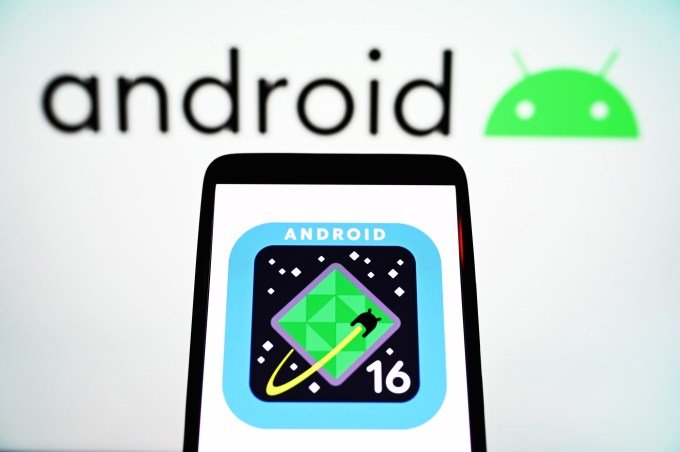 In this photo illustration, Android 16 logo is seen on the smartphone screen