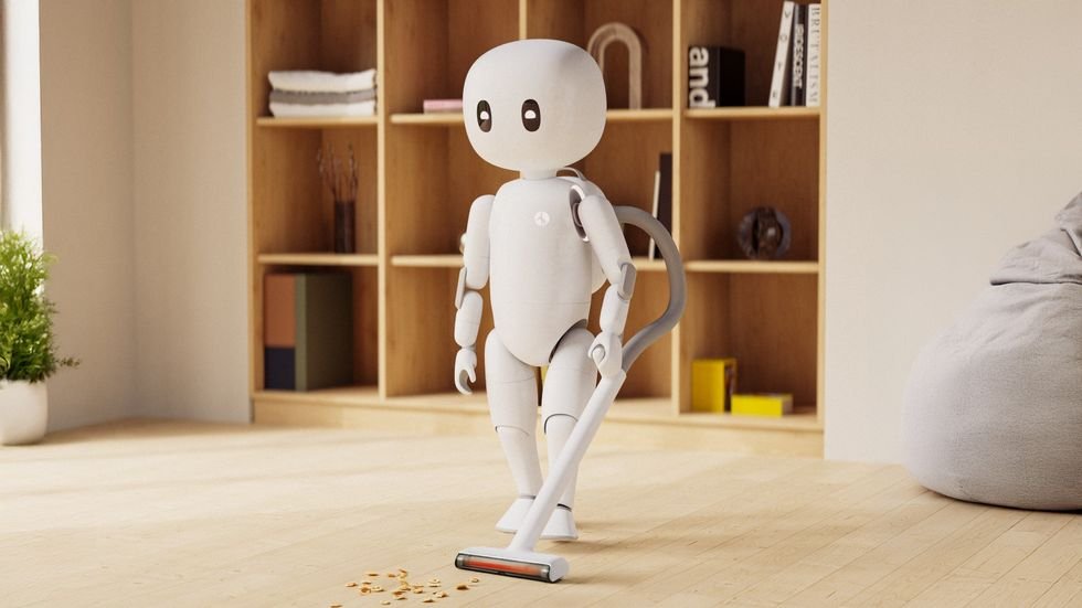 Nice robot crumbs on wooden floors in a modern and warm room with wooden shelves.