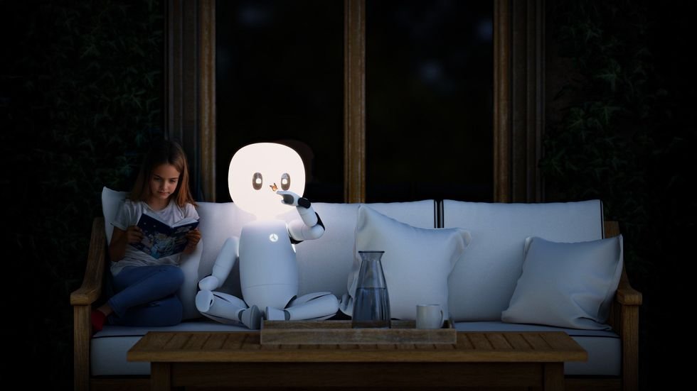 A glowing robot sits on the sofa at night, and highlights warm light and invitation.