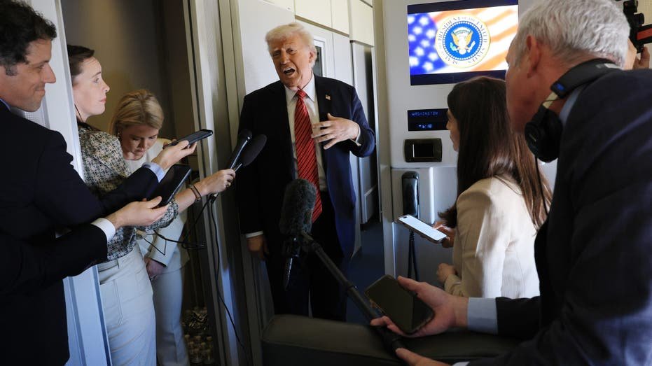 President Donald J. Trump talks to the media traveling on the Air Force one on a set of issues, including Syria, and he flies to Doha in Qatar on May 14, 2025