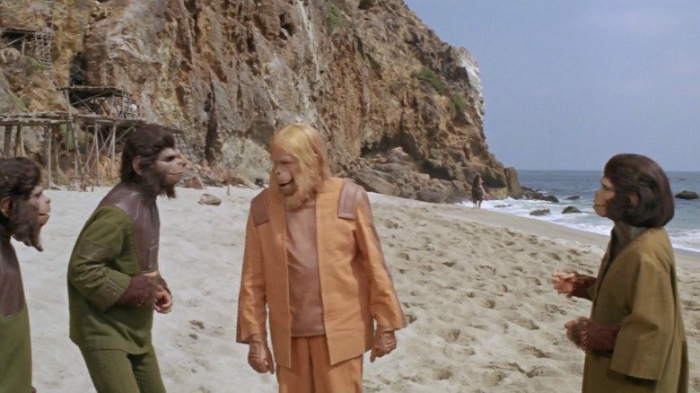 Dr. Zayos, Zira, and some monkeys discuss what to do about Taylor on the planet of monkeys