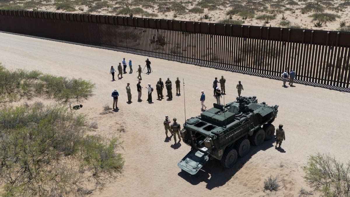 Soldiers on the Mexican border are seen from the air