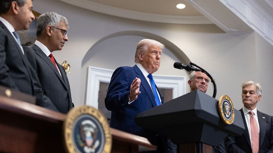 President Donald Trump, who was joined by the FDA Commissioner Martin Macari, Director of the National Health Institutes (NIH) Jay Bhatcharia, Minister of Health and Humanitarian Services Robert F. Kennedy Junior, Director of Medicare & Medicaid, Dr. Mehmet Oz, speaks 