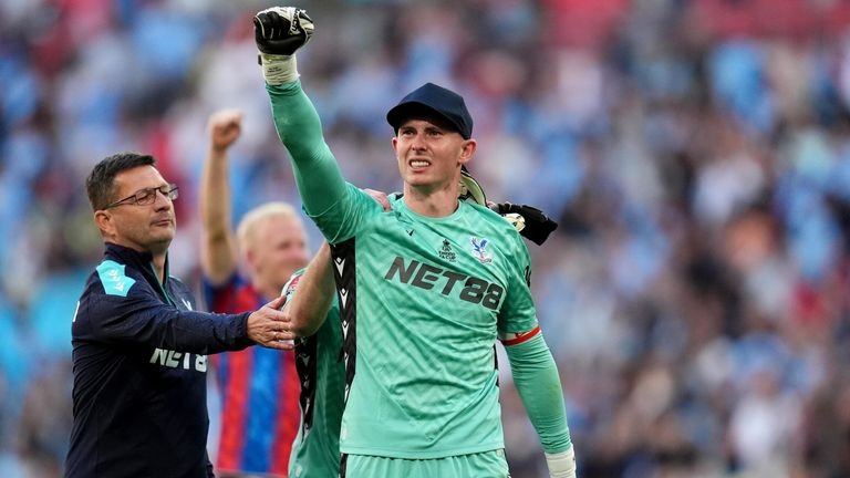 Dean Henderson celebrates the final whistle after helping Crystal Palace win in the FA Cup final