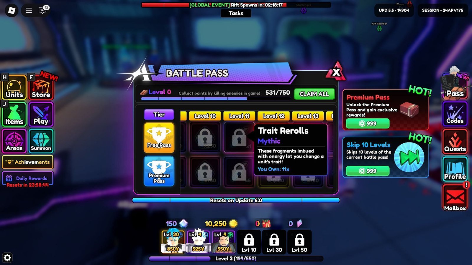 RERLLS for features in the battle passage (image via Roblox)