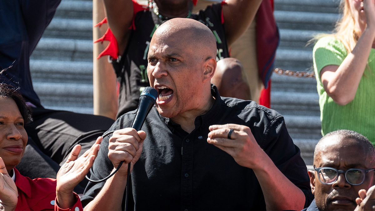 Senator Booker screams in the microphone in an outdoor rally