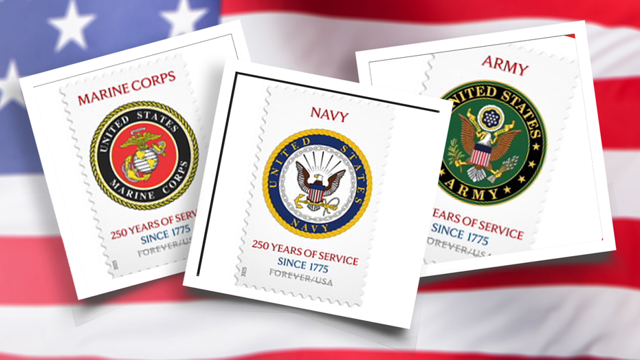 The three stamps in front of the American flag