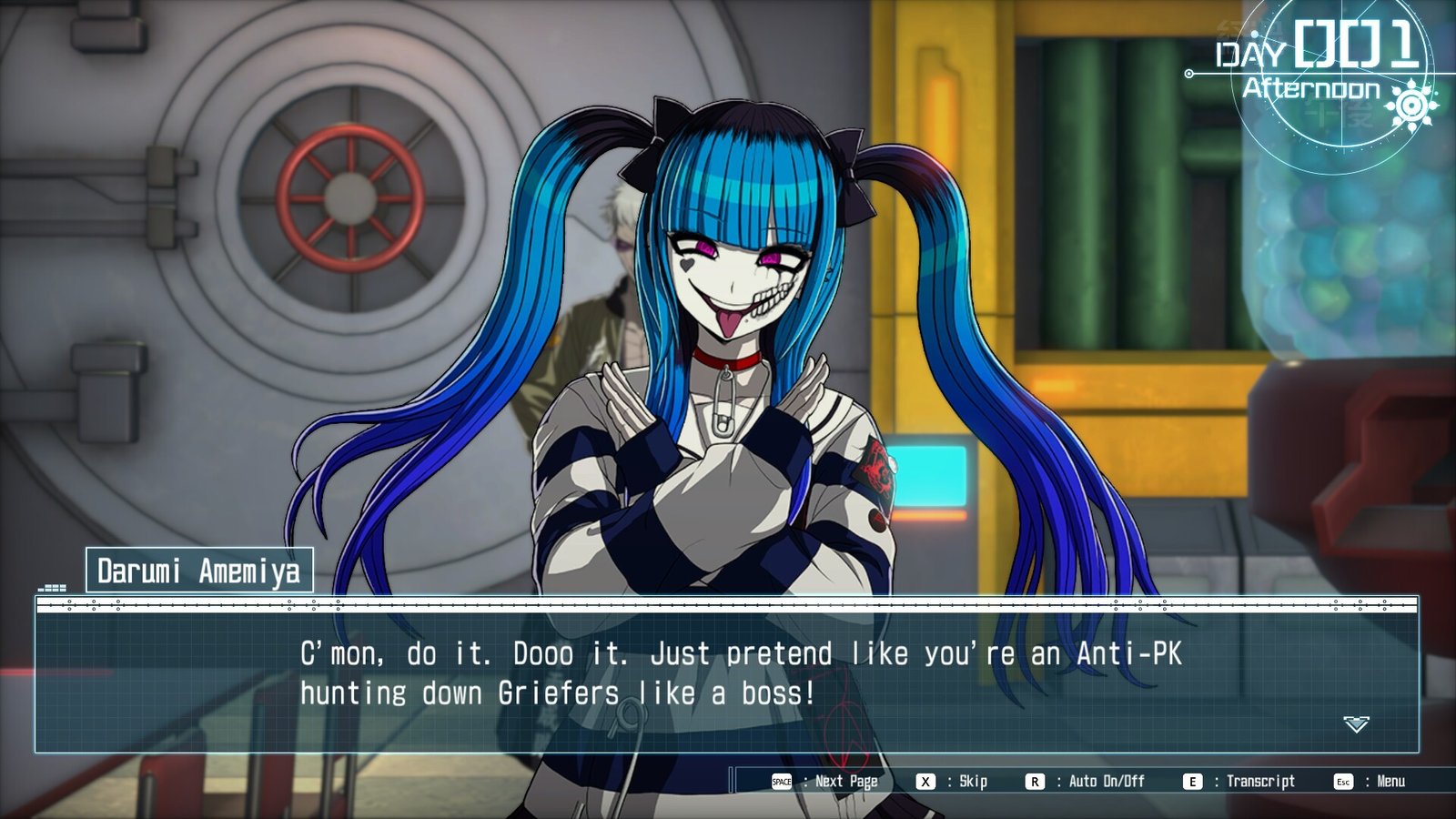 A screenshot from the recent Defense Academy that includes Darumi Amimia, a young woman with a gruesome expression in white makeup, the teeth drawn on her face, and her blue hair.
