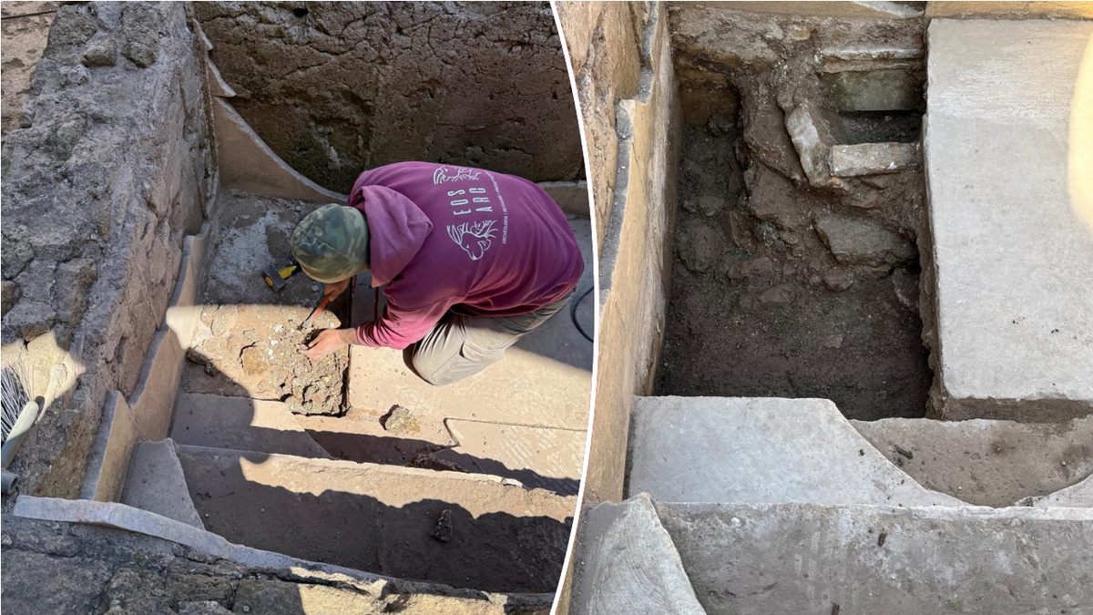 Divide the image of archaeologists who dig around the stone
