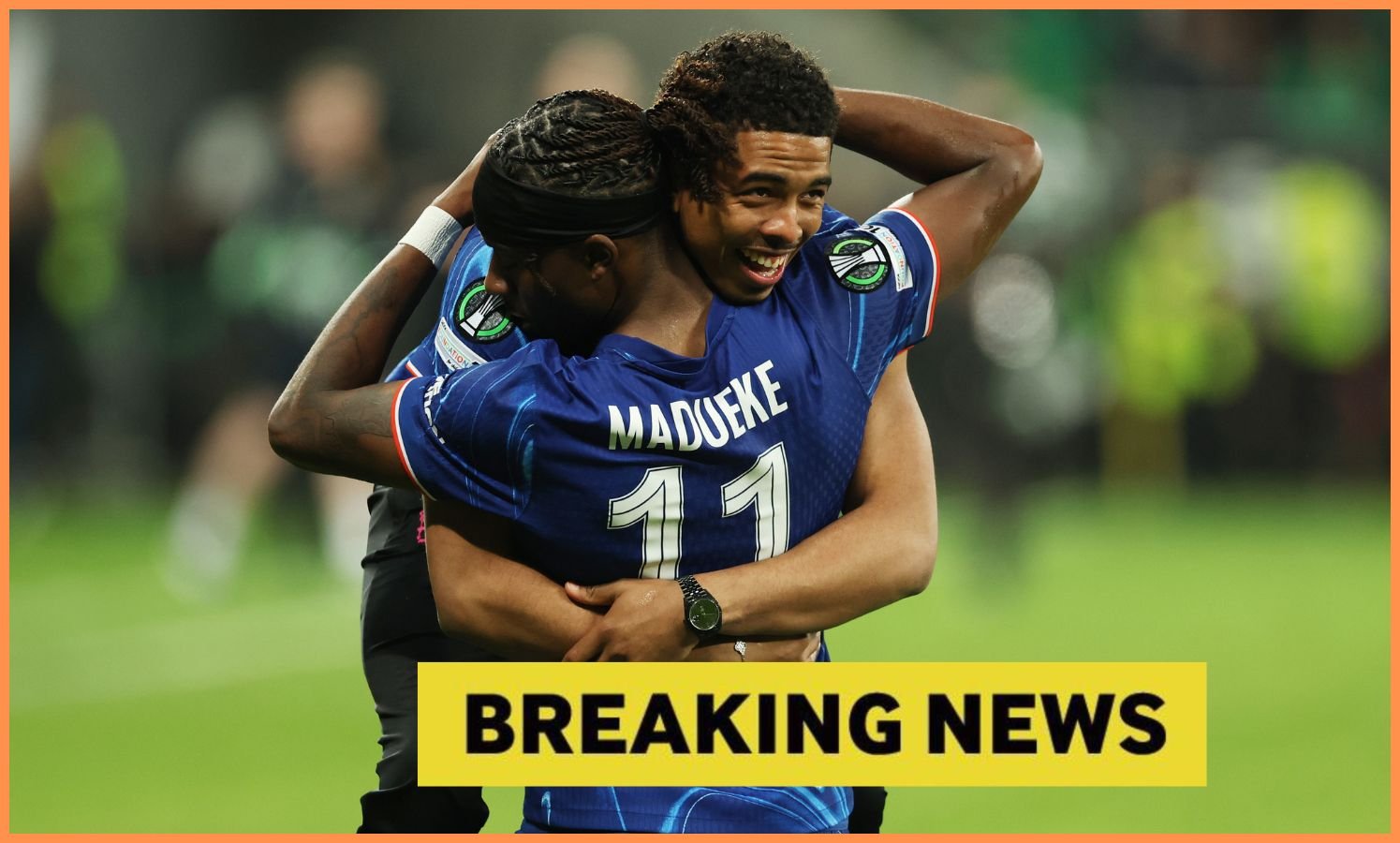 Noni Madoyk, the embrace of Wesley Fovana, after Chelsea's victory in the European Conference League final