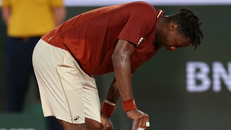 Gaeel Mondevils interacts from France during his men's individual match against British Jacques Darbar on the fifth day of the French Open Tennis Championship Philip Chatter at the Roland Garros complex in Paris on May 29, 2025.