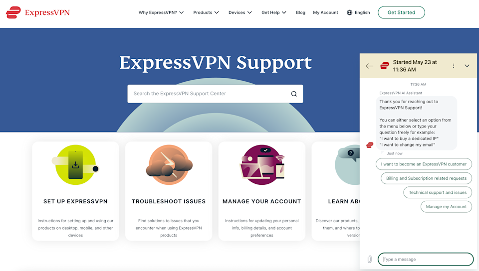 Live chat is in the bottom-right corner of every page of expressvpn.com.