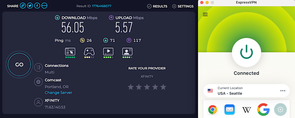 This Ookla speedtest shows you can still get fast internet while connected to ExpressVPN -- our unprotected speeds are around 58 Mbps.