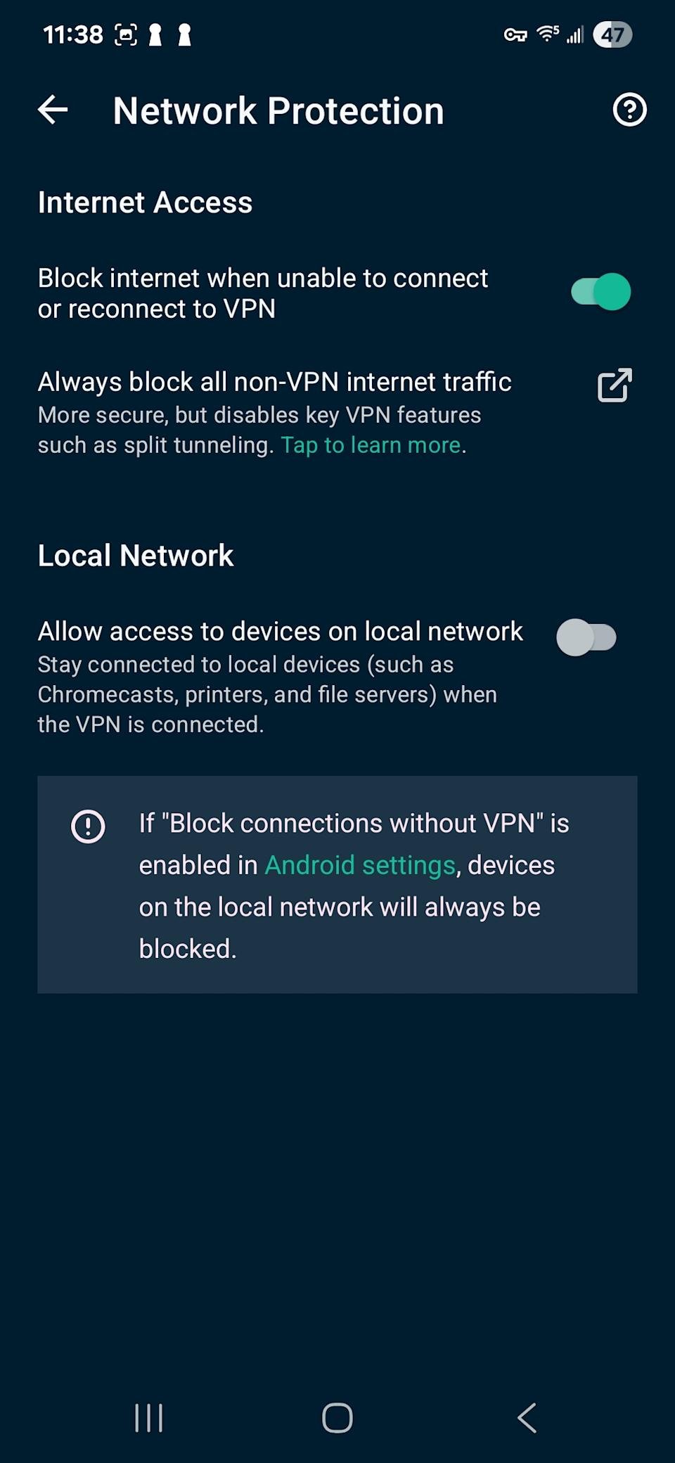ExpressVPN's kill switch is called Network Lock on desktop, and Network Protection on mobile (Android pictured)