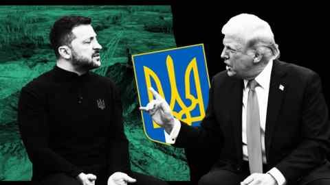 Ukrainian President Folodimir Zellinski speaks with US President Donald Trump