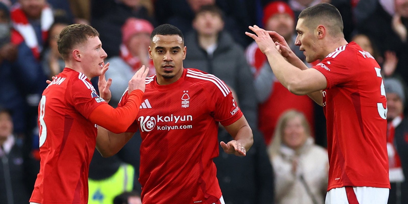Electorson from Nottingham Forest celebrates his first goal with Nicolas Milinkovic and Morello