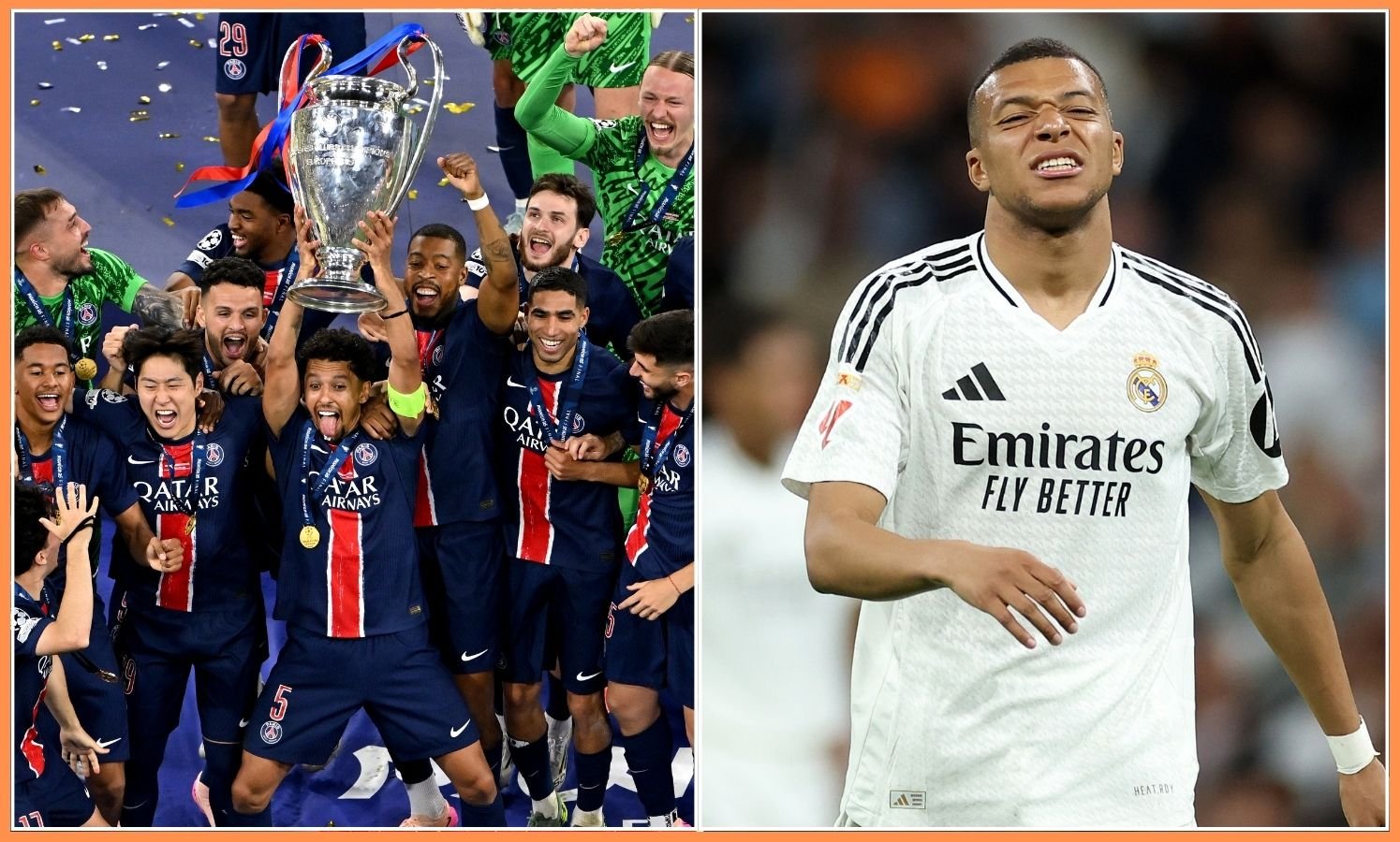PSG players celebrate and Kylian Mbappe at work for Real Madrid