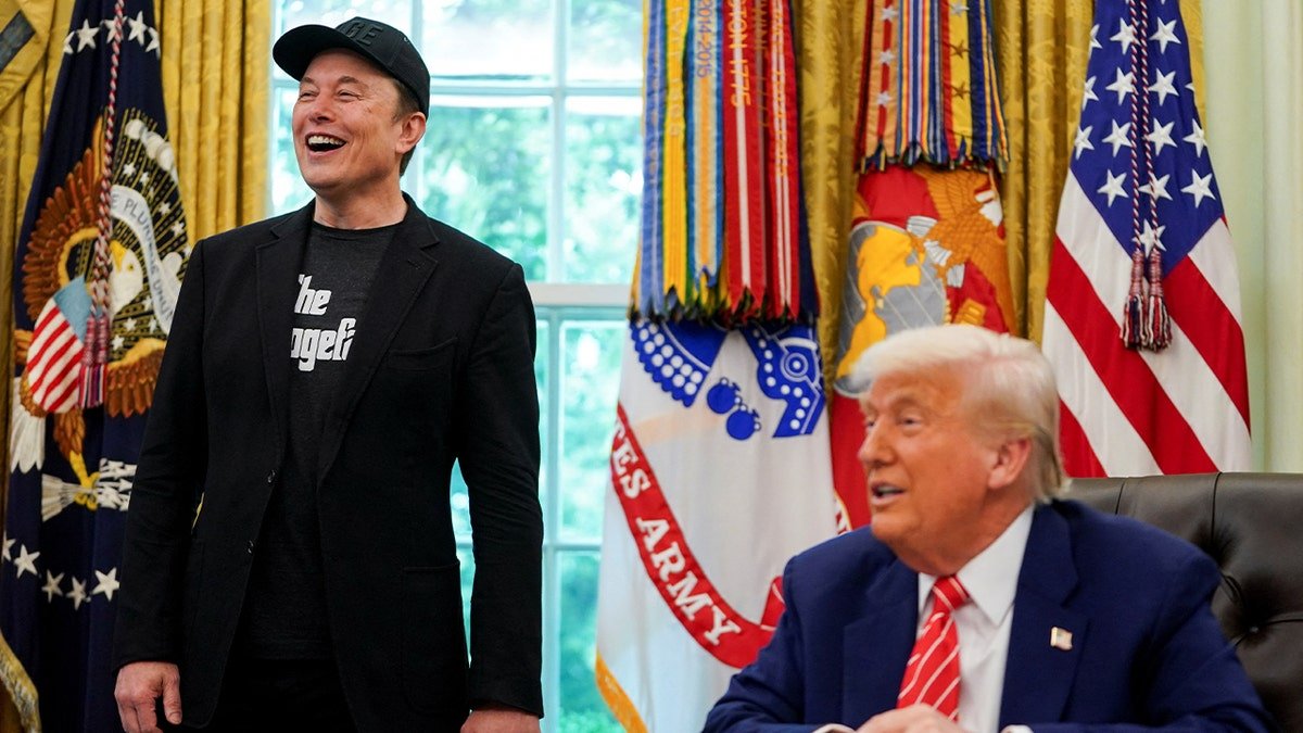 Black musk in the Oval Office, stands beside Trump sitting