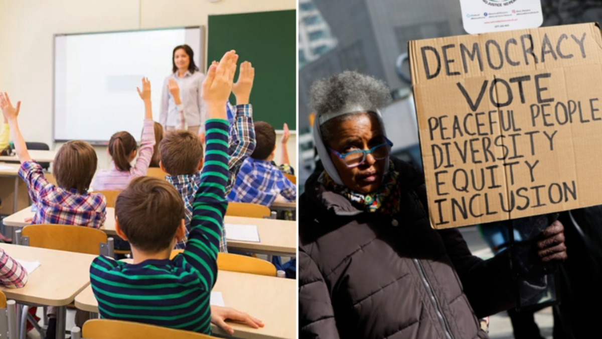 Students in the class, left; Protective with a sign, right