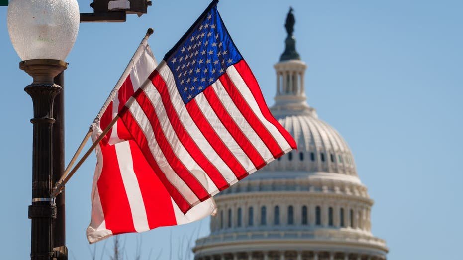 The US flag flies with the Capitol in the background