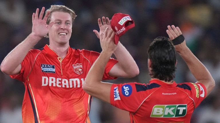 Kyle Jamieson, Punjabi Kings, celebrates the dismissal of the Royal Contraves Bengaluru Rajat Patidar during the Indian <a href=
