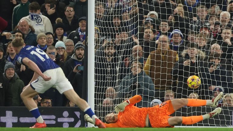 Liam Dilab from the city of Epswich scores the opening goal of the penalty spot (AP Photo/Richard Pelham)