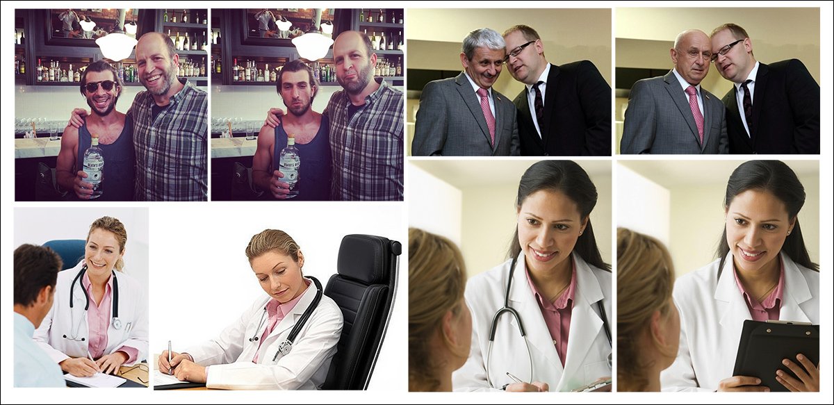 Sampled from the new collection, real/fake pairs, with some alterations more subtle than others. Note, for instance, the loss of authority for the Asian woman, lower-right, as her doctor's stethoscope is removed by AI. At the same time, the substitution of the doctor's pad for the clipboard has no obvious semantic angle. Source: https://huggingface.co/datasets/parulgupta/MultiFakeVerse_preview
