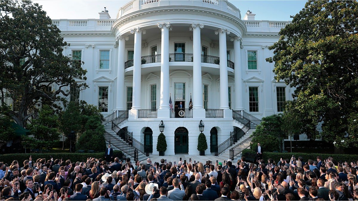 Trump speaks to the crowd in the White House