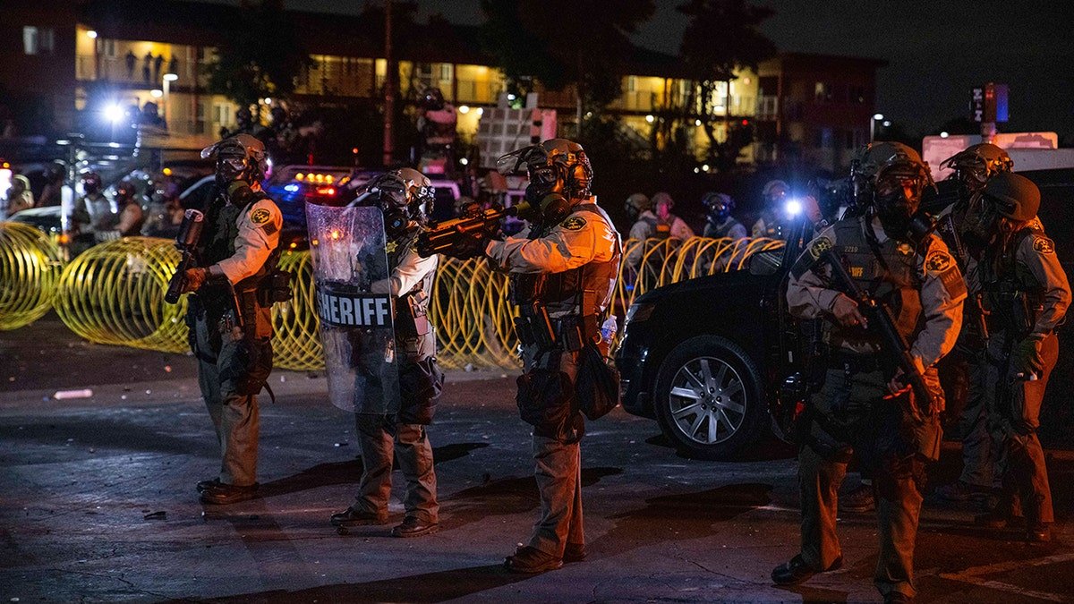 Representatives of Los Angeles with riots shields