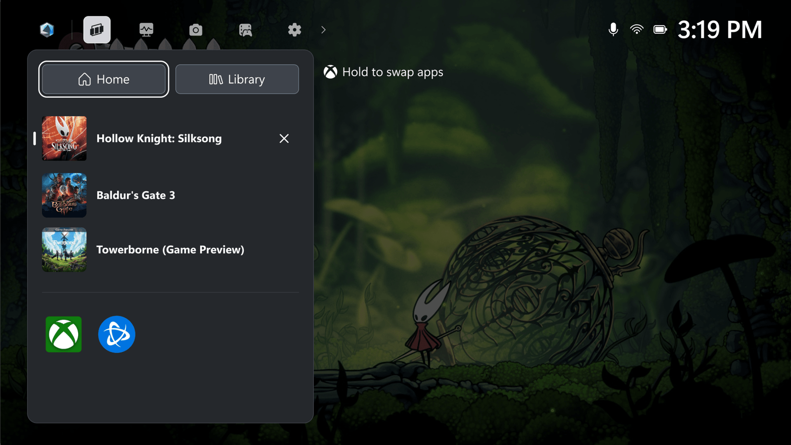 The game bar allows you to access the device settings and move quickly.
