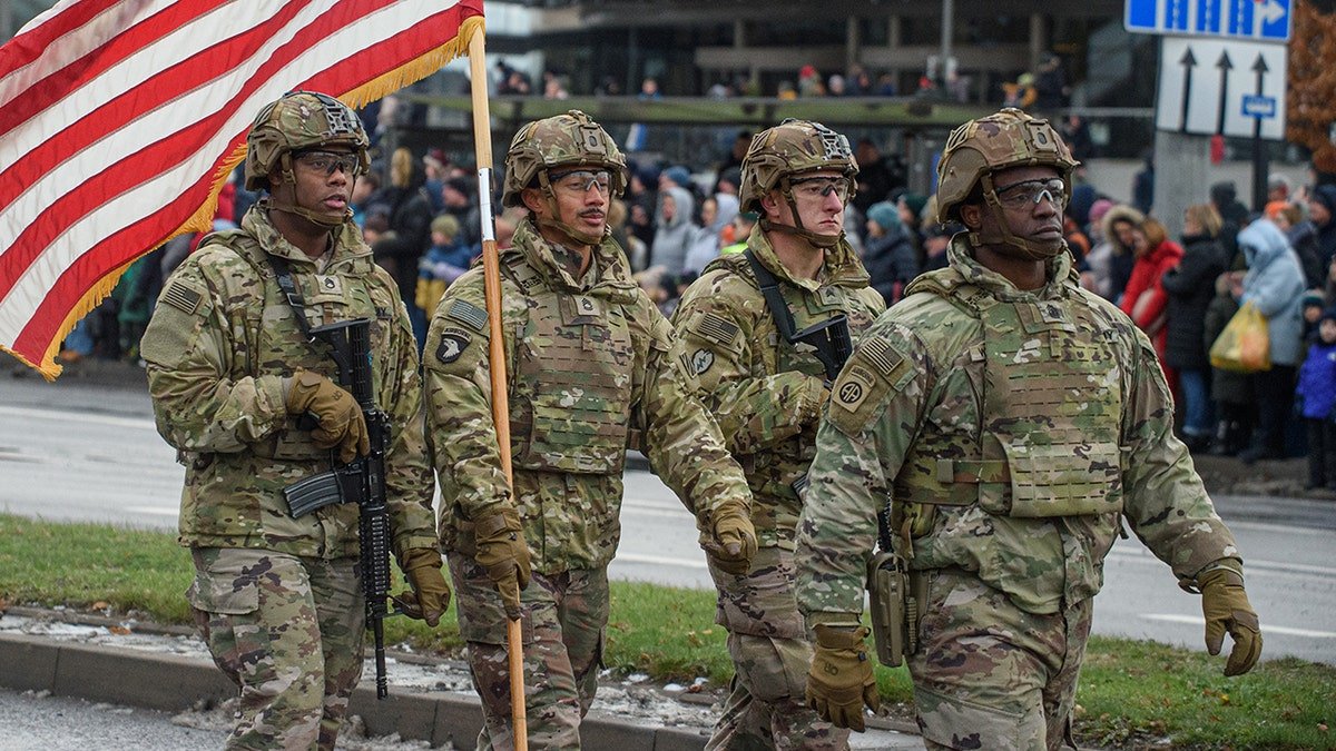 US military soldiers are walking in Lithuania