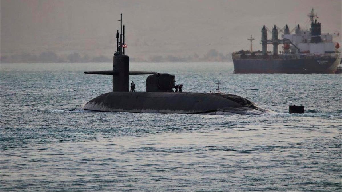 This image released by the US Navy shows a facilitator submarine, a guide capable of carrying up to 154 Tomahawk missiles. The navy said that the submarine, which is based in the Kings Bay, Georgia, passed through the Suez Canal on Friday, April 7, 2023.