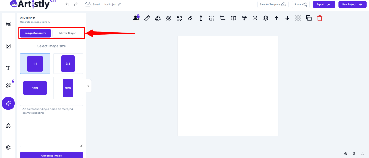 Choosing between the Image Generator and Mirror Magic when using Artistly.