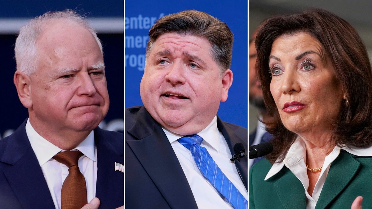 The divided image shows the governor of Minnesota Tim Walz, the governor of Illinois JB Pritzker and the New York Governor Cathy Hochol.